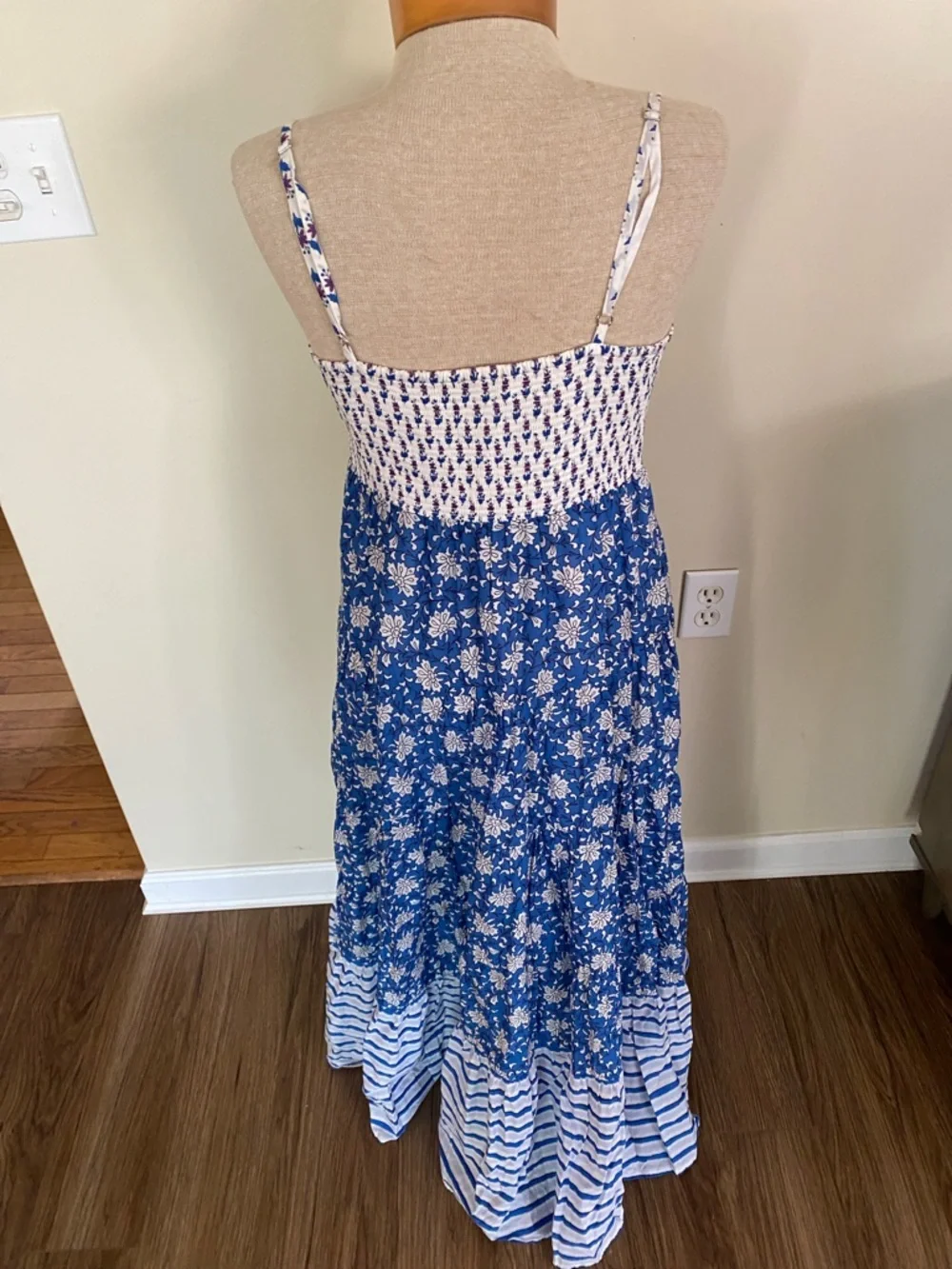 J. Crew Blue and White Mixed-Print Tiered Maxi Dress. Cotton. Size 4
